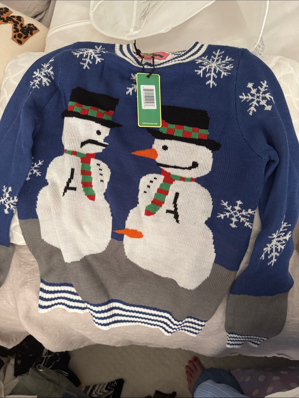 Tipsy Elves Blue Snowman Crewneck Sweater with Gray and White Accents